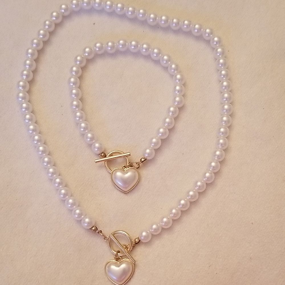 Pearl Necklace and Bracelet Set with Heart Charms